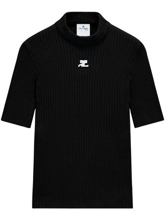 Courr&egrave;ges Reedition High Neck Logo Detail Ribbed Knit Jumper