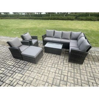 Fimous 9 Seater High Back Outdoor Garden Furniture Set Rattan Corner Sofa Set With Rectangular Coffee Table Big Footstool 2 Armchairs Dark Grey Mixed