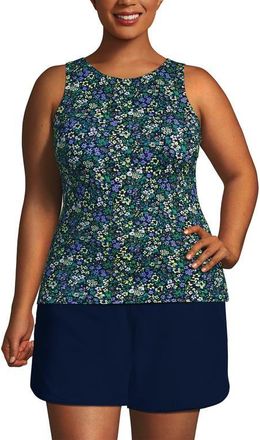 Lands End Plus Size High Neck UPF 50 Sun Protection Modest Tankini Swimsuit Top in Navy Multi Ditsy Floral at Nordstrom, Size 26W