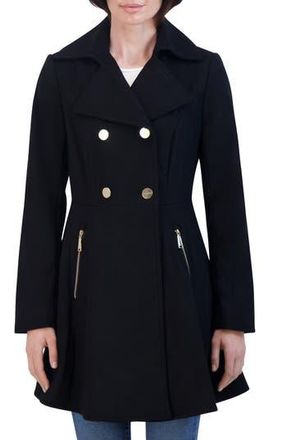 Shelli Segal Double Breasted Fit & Flare Wool Blend Coat in Black at Nordstrom Rack, Size Medium