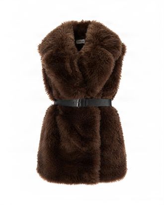 P.A.R.O.S.H. Faux Fur Sleeveless Vest With Waist Belt And Voluminous Collar