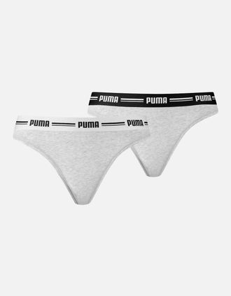 Puma Womens 2-Pack Striped Logo Mid-Rise Strings, Grey Melange - Grey/Grey - Size: 12
