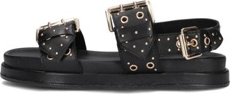 Omoda Schoenen, Dames, Zwart, 40 EU, Leer, Zwarte leren sandalen met gouden details