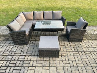 Fimous Outdoor Furniture Garden Dining Set Rattan Corner Sofa Set with Rectangular Dining Table Armchair in Dark Grey