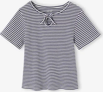 Vertbaudet T?Shirt M&auml;dchen mit Zierschleife am Hals blau gestreift