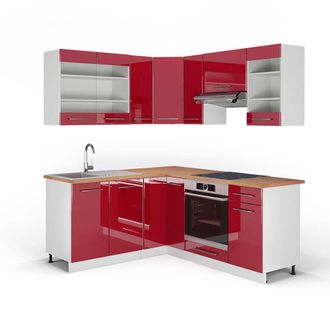 Vicco Cocina Esquinera Fame-line, Burdeos Brillo Intenso/blanco, 160 X 190 Cm, Et Roble