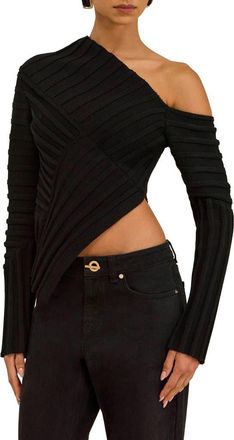 Cult Gaia Jaidan Asymmetric Cotton Ribbed Top in Black at Nordstrom, Size Xx-Small