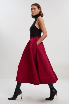 Karen Millen Womens Drama Taffeta Rosette Woven Midi Skirt - Burgundy - Size 14 UK