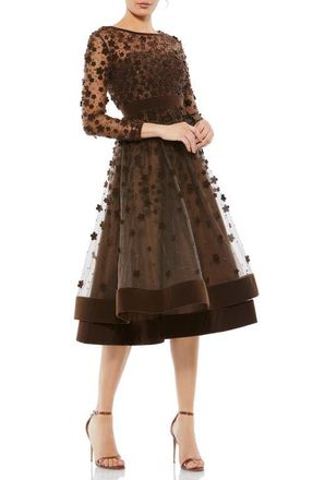 Mac Duggal Embellished Illusion High Neck Long Sleeve Fit & Flare in Coffee at Nordstrom, Size 14