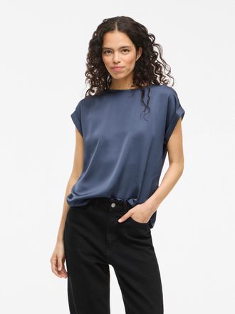 Vila Kurzarmshirt VILA VIELLETTE S/S SATIN TOP - NOOS, Damen, Gr. 34, blau (vintage indigo), Satin, Obermaterial: 100% Polyester, unifarben, regular fit no