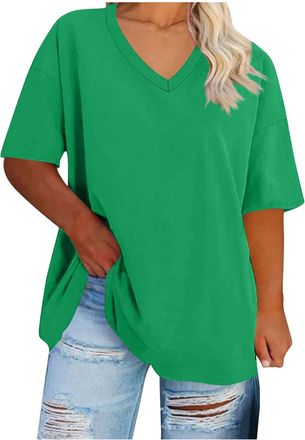 Generic KUIH Summer Tops for Women Oversized T-Shirts V Neck Top Plain Casual Lightweight Loose Basic Tees Plus Size Shirt Cotton Pullover Longline Tunic Blou