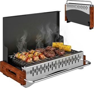 OUTSUNNY Barbacoa De Carb&oacute;n Plegable, Barbacoa Port&aacute;til, 50,5x34x33 Cm, Con Bandeja De Carb&oacute;n Extra&iacute;ble, Para Camping, Picnic, Fiesta En Jard&iacute;n, Negro