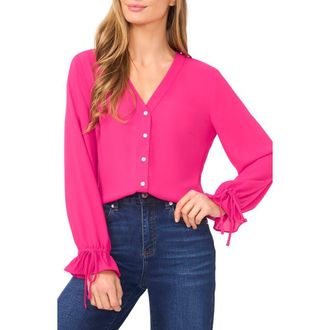 CeCe by Cynthia Steffe Tie Cuff Button-Up Top in Bright Rose at Nordstrom, Size Medium