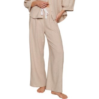 Eberjey Linen Blend Drawstring Lounge Pants in Gingham White/Warm Taupe at Nordstrom, Size Small