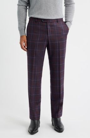 Berle Windowpane Check Merino Wool Dress Pants in Burgundy at Nordstrom, Size 33