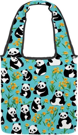 Generic Cute Panda on Blue Reversible Canvas Shoulder Tote - Double-Sided Print, 12oz Cotton, 27cm Drop, Fold-Flat Bag for Travel, Shopping, Street Outings