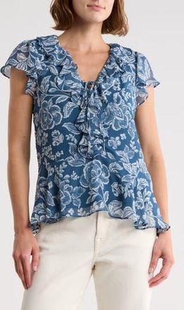 CeCe by Cynthia Steffe Floral Flutter Sleeve Ruffle Peplum Top in Denim/Multi at Nordstrom Rack, Size Small