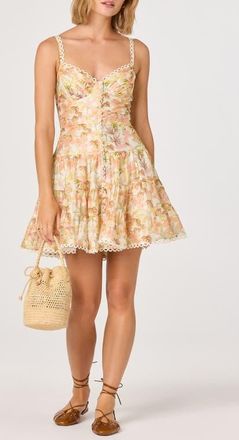 ASTR the Label Tazia Leaf Print Scallop Trim Minidress in Yellow Pink Floral at Nordstrom, Size Small