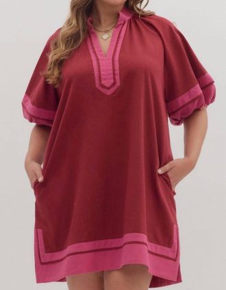 Entro Solid Contrast Lantern Sleeves Slit Hem Split Collar Mini Dress - Plus In Red