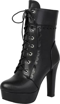 Generic Womens Sexy Platform Ankle Boots Round Toe Chunky High Heel With Side Zipper And A Decorative Front Lace Up