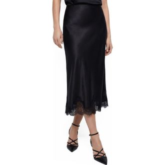 By Design Marisa Bias Cut Lace Trim Satin Skirt in Black/Black at Nordstrom Rack, Size X-Small