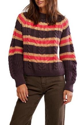 Free People Frankie Stripe Cable Stitch Cotton Sweater in Chocolate Combo at Nordstrom Rack, Size X-Small