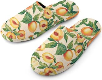 Generic Peach Pattern Mens Slippers Flannel Warm House Shoes with Rubber Anti-Slip Sole Slip On for Home Outdoor