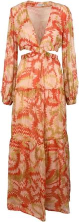 Dondup Long Chiffon Dress Puff Sleeves - Orange/Pink