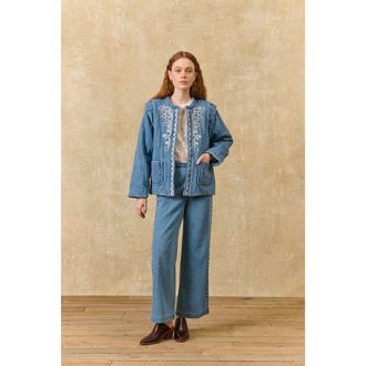 Louise Misha Geborduurd denim jasje met ronde hals, HORICIA