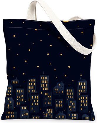 Generic Cityscape Canvas Tote Bags, Night Skyline Pattern Reusable Shopping Bags, Winter Chic Lightweight Washable Shoulder Strap T, Navy, 13x15 Inch