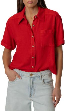 Kut from the Kloth Aida Linen Blend Short Sleeve Button-Up Top in Tomato at Nordstrom, Size X-Large