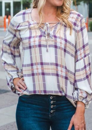 Promesa Long Sleeve Plaid Blouse In Plum