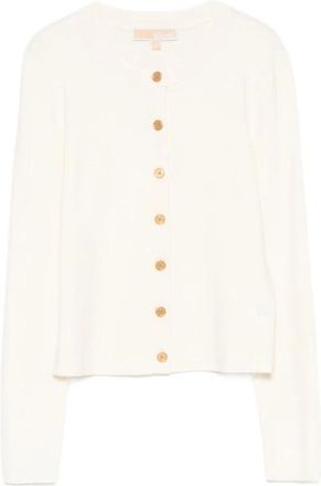 Michael Kors Ribbed Gold-Button Cardigan - Dames - Vesten - Beige - L - Wol - Truien & Vesten