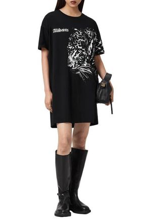 AllSaints Zaya Graphic Print Cotton T-Shirt Dress in Black at Nordstrom, Size Medium