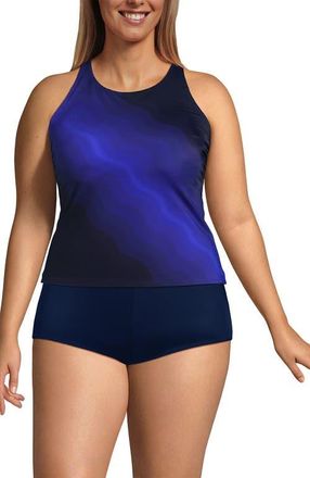 Lands End Plus Size DD-Cup Tugless High Neck Strappy Back Tankini Swimsuit Top in Blue Wavy Ombre at Nordstrom, Size 18W