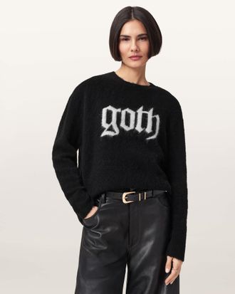 AllSaints Goth Motif Wool Blend Crew Neck Sweater
