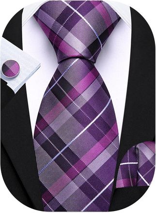 Barry.Wang Mens Purple Ties Plaid Striped Extra Long Necktie Silk Pocket Square Cufflinks Wedding Formal