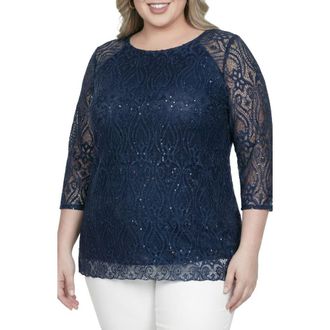 Standards & Practices Sequin Lace Tunic Top in Navy at Nordstrom, Size 1X