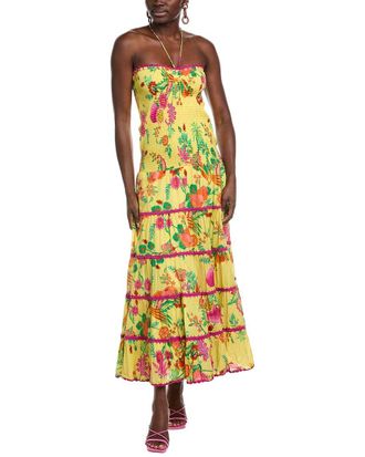 Farm Rio Farm Rio Delicate Fruit Garden Yellow Smocked Maxi Dress