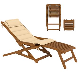 OUTSUNNY Poltrona Relax Pieghevole In Legno Con Poggiapiedi E Cuscino Removibile Con Poggiatesta, Portata Massima 160 Kg, Dimensioni 158x61x70 Cm, Colore Beige