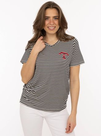 Zwillingsherz T-Shirt ZWILLINGSHERZ Heimatgef&uuml;hl, Damen, Gr. XXL, marine, Web, Obermaterial: 95% Viskose, 5% Elasthan, bestickt, gestreift, bequem h&uuml;ftbedeckend, V-