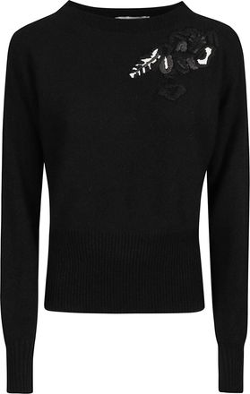 Ermanno Scervino Fitted Round Neck Sweater with Floral Applique Detail