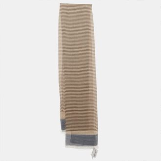 Ferragamo Beige Striped Printed Cotton Fringed Scarf