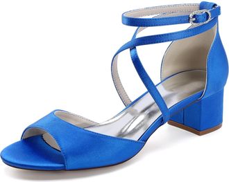Generic Womens Block Heels Wedding Shoes Satin Bridal Low Heels Shoes Open Toe Ankle Strap Party Dress Heels Sandals 4.5Cm,Royal Blue,10 UK