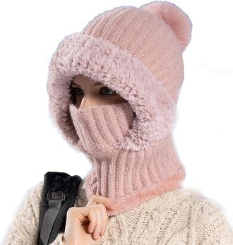 Generic 3 in 1 Beanie Hat for Women, 3 in 1 Cold Resistant Hat with Mask, Hooded Piece Windproof Warm Snow Cap, Soft and Comfortable (Pink)