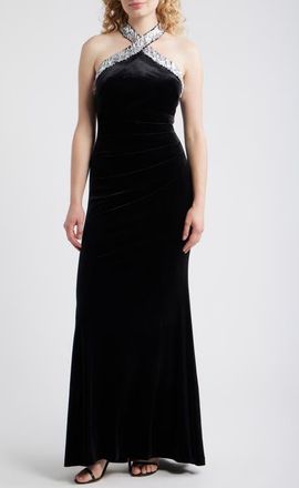 Eliza J Rhinestone Detail Velvet Sheath Gown in Black at Nordstrom, Size 14