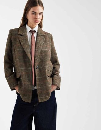 Only Cappotto blazer a quadri marrone chiaro