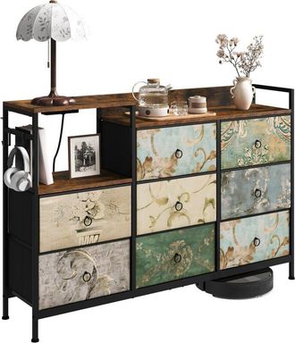 Woltu Cassettiera 8 Cassetti a 3 Livelli, in Tessuto, Marrone Rustico e Nero con Motivo Fiore Retrò - Woltu