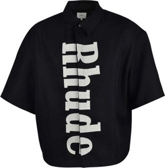 Rhude Center Logo Button-Up Shirt - Heren - Korte mouwen Overhemden - Zwart - S - Polyester - Overhemden
