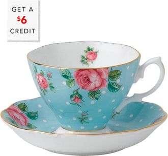 Royal Albert Polka Blue Vintage Teacup & Saucer Boxed Set With $6 Credit